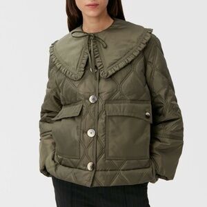 $550 GANNI Dark Olive Green Frill Collar Quilt Jacket Ripstop Kalamata EU36 EU46